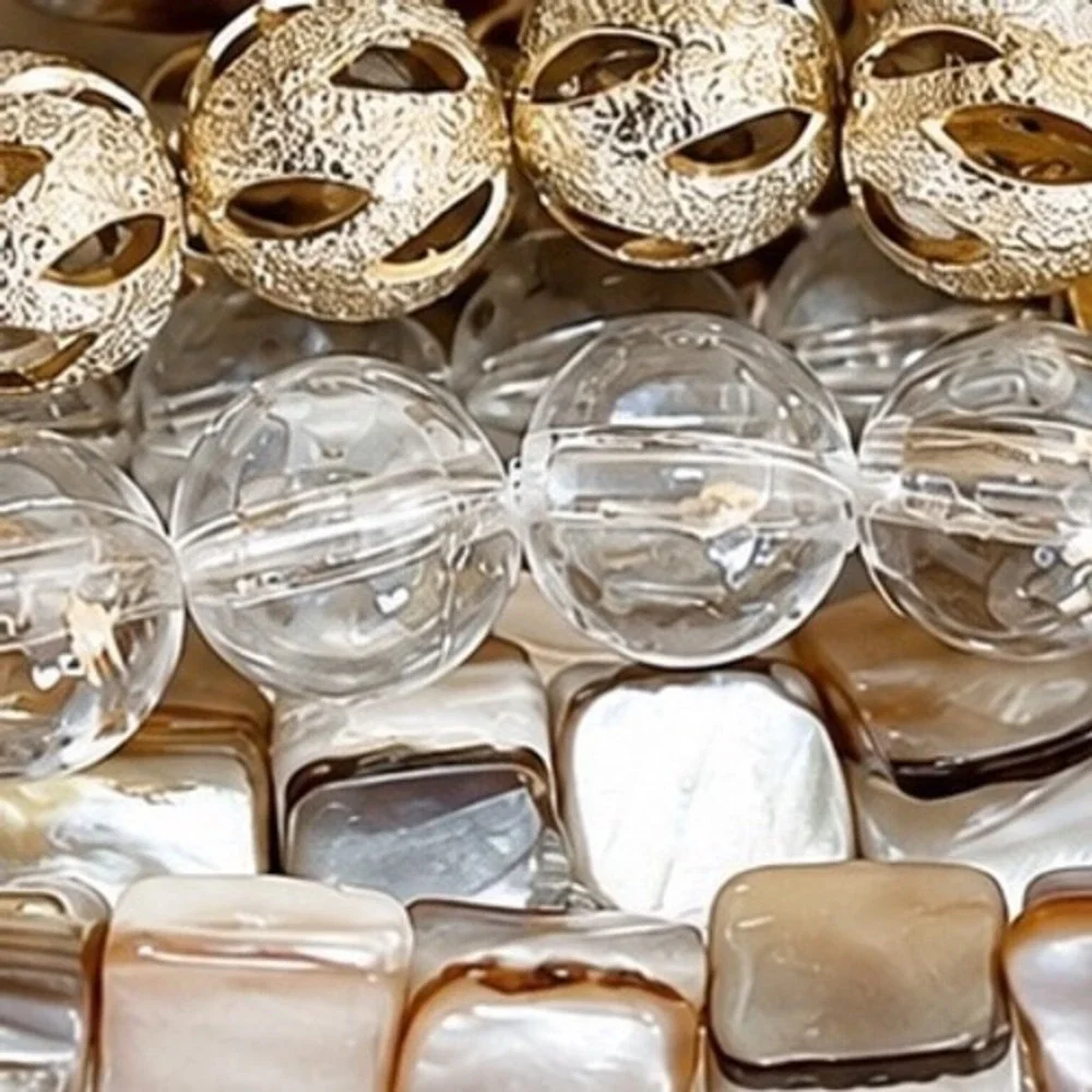 Mother-of-pearl Nuggets Stretch Cuff Bracelet Gold Clear Beaded Accents